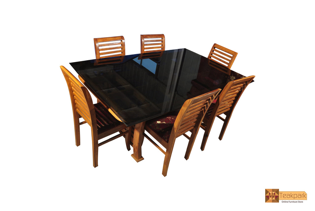 Colorado Solid Teak Wood Dining Set Glass Top Table with Chairs