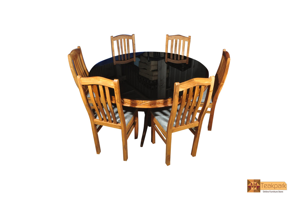 Yamuna Round Solid Teak Wood Dining Set Glass Top Table with Chairs