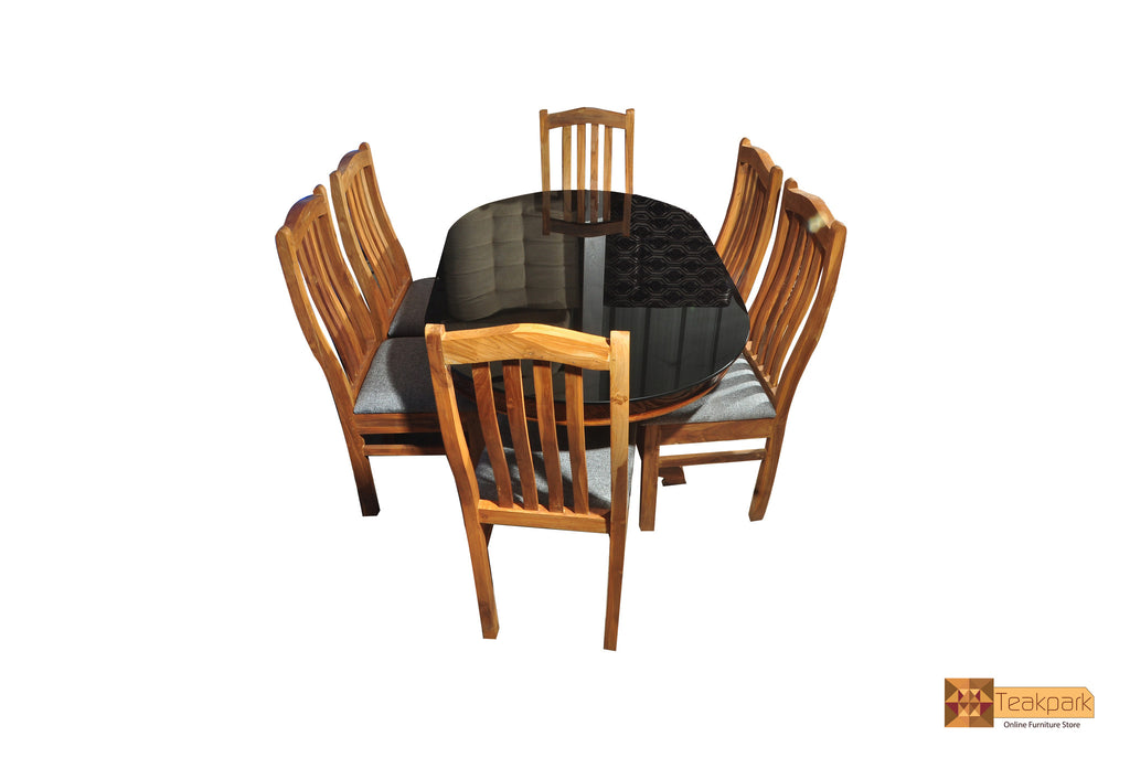 Ganga Oval Solid Teak Wood Dining Set Glass Top Table with Chairs