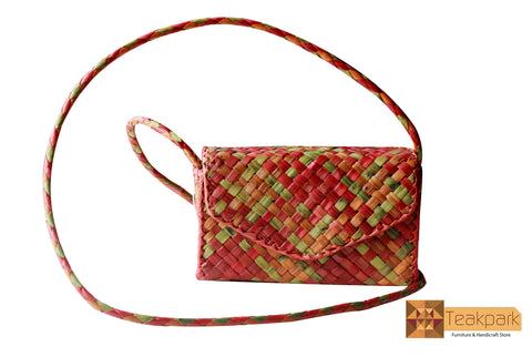 Irene Woven Natural Screwpine Leaf Girls Mobile Bag with Long Strap-Design 2-Organic and Eco friendly